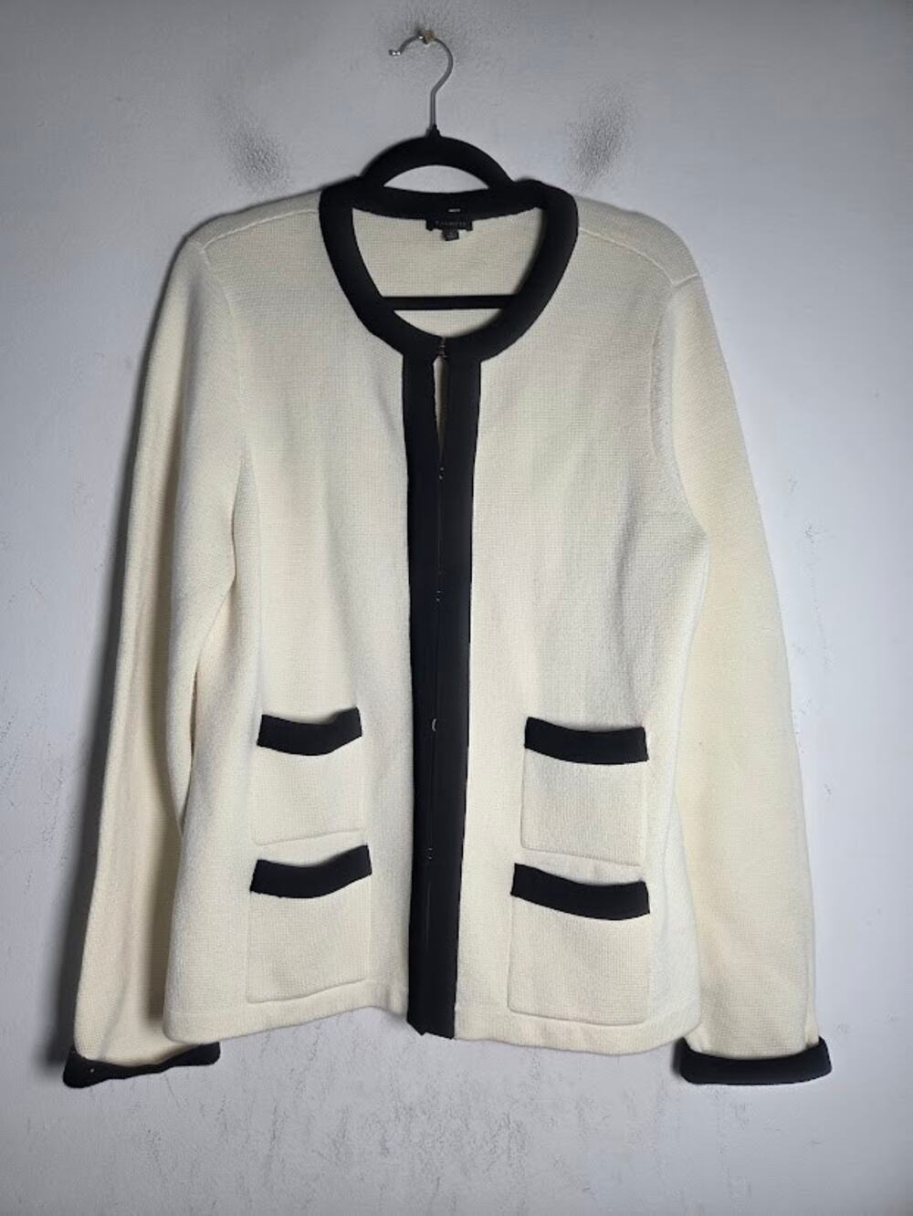 Talbots Cream w/Black Trim Cotton/Cashmere Knit Long Coatigan Coat size Large